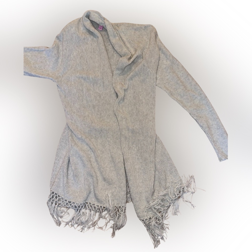 Lilly Pulitzer Grey Matalic Tatum Cardigan scallop and fringe bottom Medium